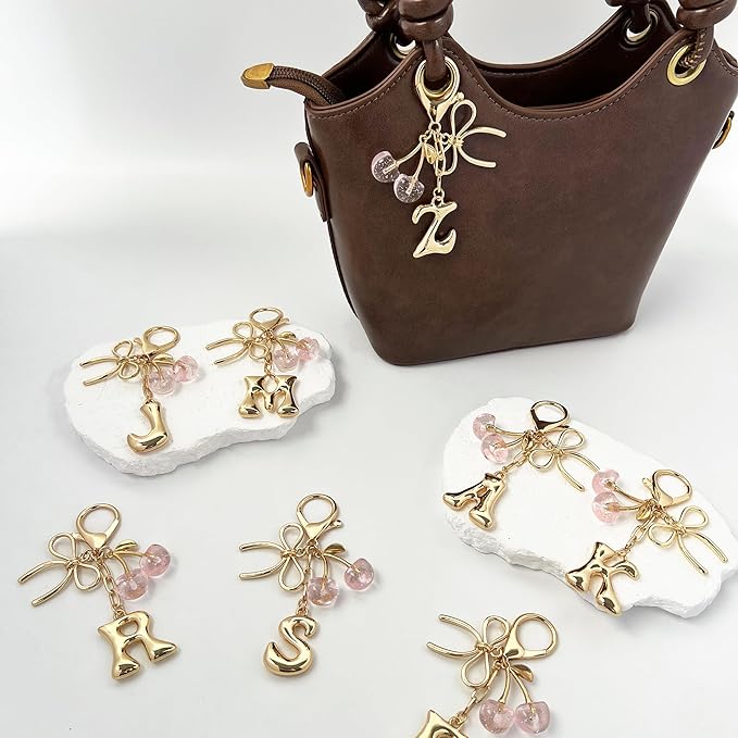 Gold Bubble Heart, Cherry, Bow & More Designs Letter Initial Keychain Bag Charms – Cute Purse Charms for Handbags