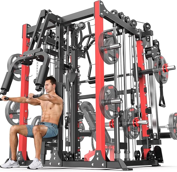 Smith Machine，Multi-Function Squat Rack Power Cage with Cable Crossover System,with Optional Weight Bench, Olympic Barbell Weight Set, for Home Gym