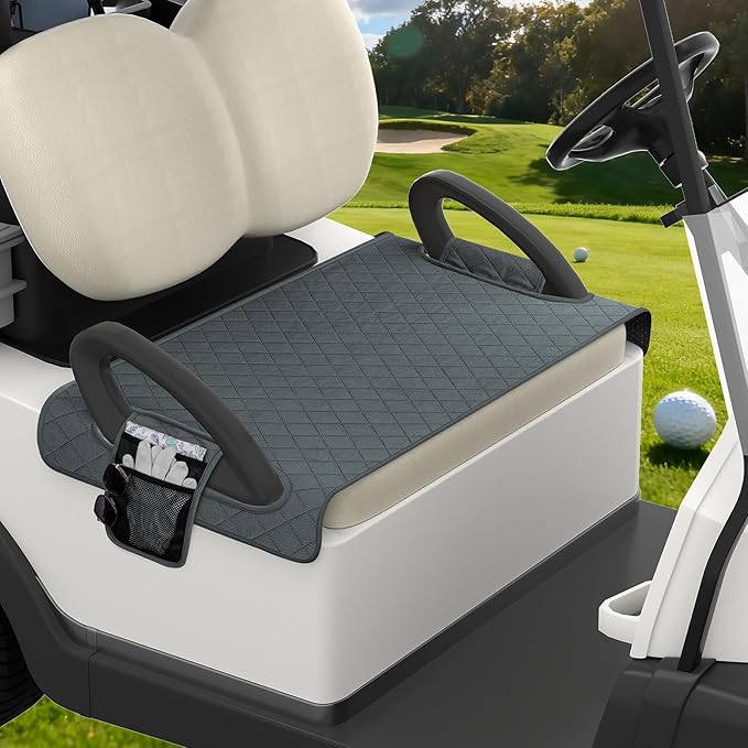 Universal Golf Cart Seat Covers Waterproof Golf Cart Seat Protector with 4 Side Pockets & Anti-Slip Bottom Fits for Most Golf Carts,Fits for EZGO, Club Car, Yamaha and More (Blue Grey)