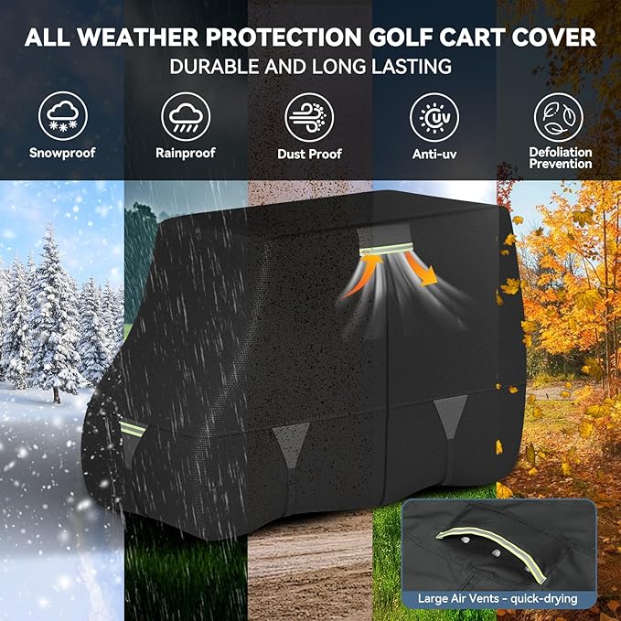 Tuszom 100% Waterproof 1200D Solution-Dyed Golf Cart Cover Universal Fit Yamaha,Honda,Club Car,EZGO and Most Brand Golf Cart for 2/2+2/4/4+2/6 Seats with Zipper Door,Storage Bag
