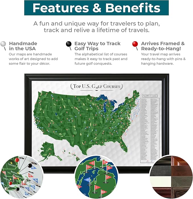 Push Pin Travel Maps Customizable Wall Art - Top Golf Courses USA Map - Solid Wood Brown - Personalized Framed Pin Map, Includes 150 Pins - Handcrafted in USA - 27.5" x 39.5"