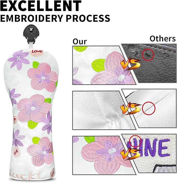Golf Head Cover Golf Club Peach Blossom Design Golf Covers PU Headcovers Set Fits Driver Fairway Wood Hybrid Utility Woods Iron Wedge Headcover.