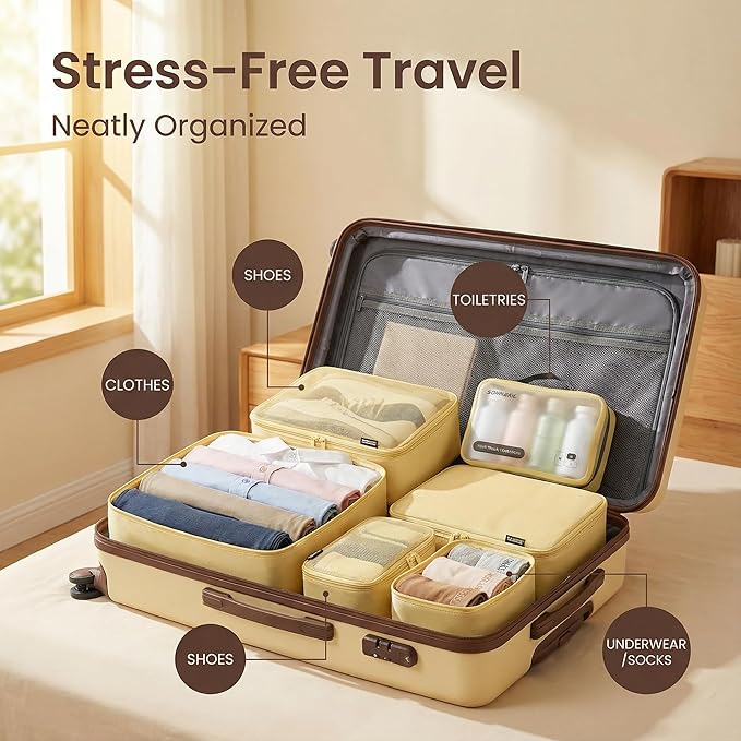 6 Set Compression Packing Cubes for Travel, Large Medium Small Luggage Organizers, Storage Bags for Clothes and Essentials (6 Pack, Bright Yellow)