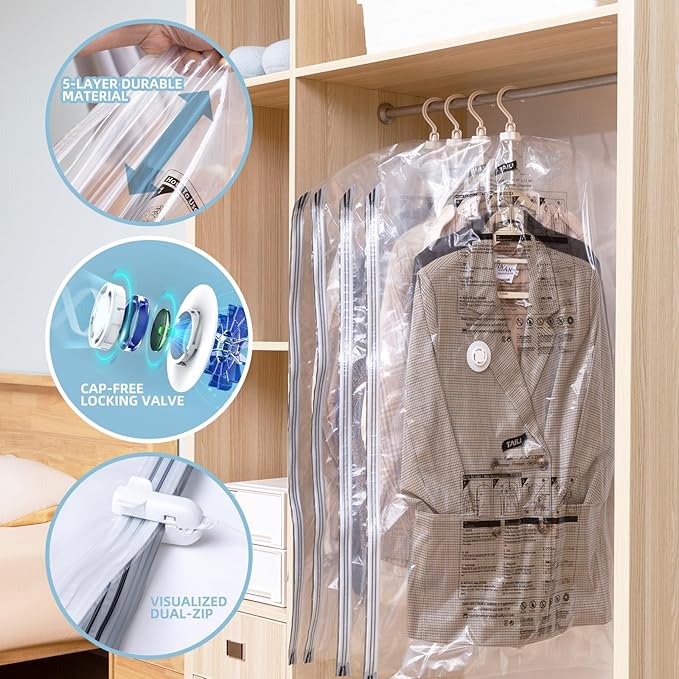 Hanging Vacuum Storage Bags with Electric Pump, 4 Pack (53 x27.5 inch), Vacuum Seal Bags for Clothing, Garment Storage for Short Jacket, Suits, Dresses, Closet Organizer Space Saving