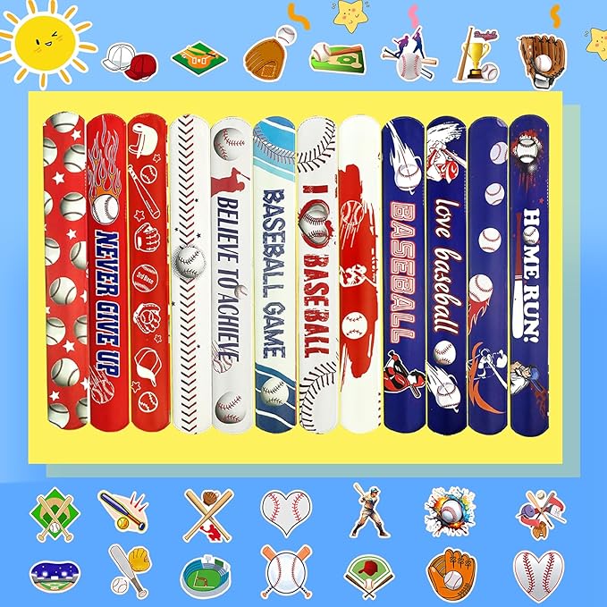 74Pcs Baseball Theme Party Favors BaseBall Theme 24PCS Slap Bracelets 50 Pcs Stickers,Baseball Party Team Gift Fillers School Classroom games Rewards Supplies
