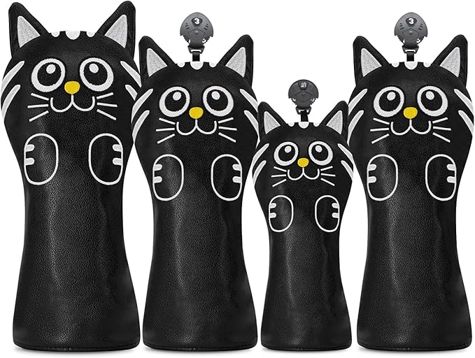 Golf Kitty Head Cover Golf Club White Leather Headcovers 1pc/4pcs Set Fits Driver Fairway Wood Hybrid Utility Putter Iron Wedge Headcover.
