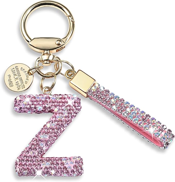 Pink Blue White Initial Letter Keychain Gift for Women Girls Bling Sparkly Cute Backpack Car Key Accessories Lanyard