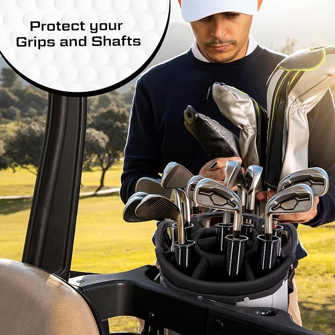 Golf Bag Tubes Set of 14 (1.25'') + 1 (1.5'') for Fat Putter Grip, Club Protection Sleeves, Dividers & Organizer, Travel Accessory for Golf Bag Separation and Organization with Putter Clip