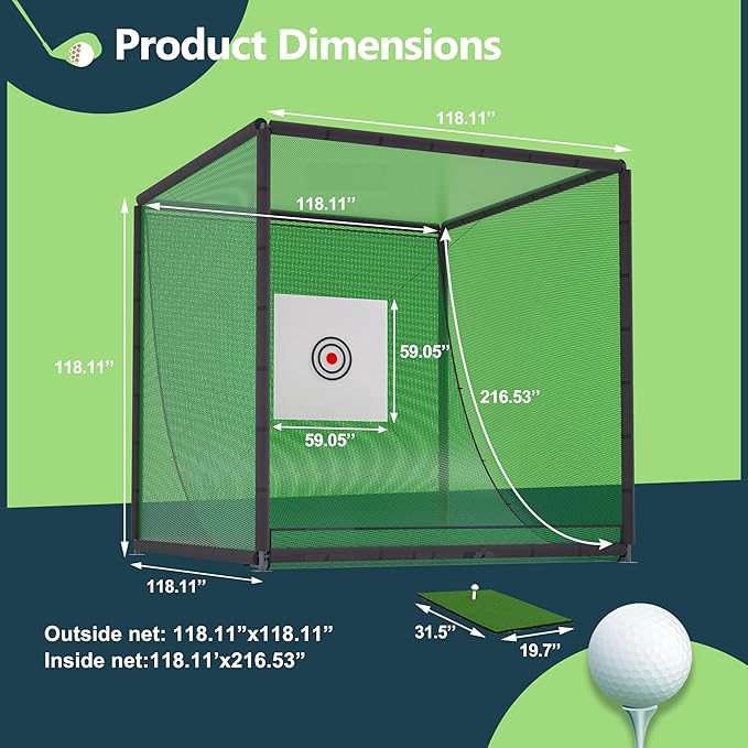 Golf Net Cage, 10X10X10FT Metal Frame Golf Simulators for Home and Backyard, Indoor & Outdoor Hitting Net, Black