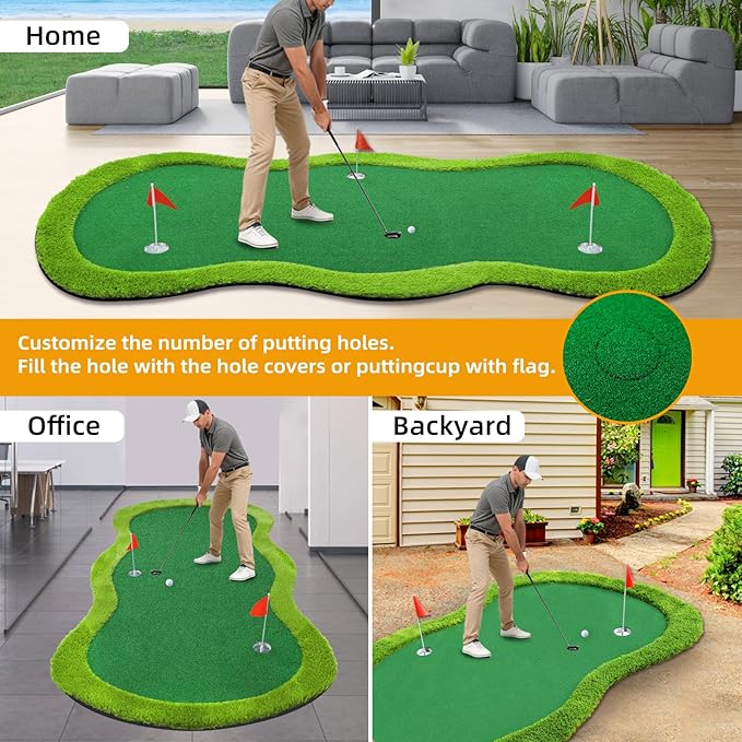 Roykaw Golf Putting Green - 5 x 10 Ft. Putting Mat, Professional Training Aid for Indoor & Outdoor, Green Mat w/ 3 Holes, Flags, Slope Sponges
