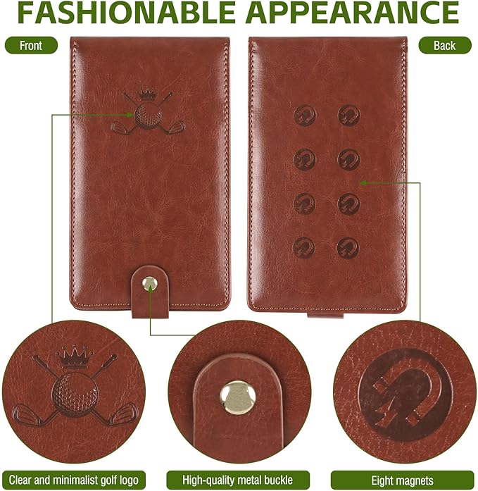 Archerest Magnetic Golf Scorecard Holder, 7.48" x 4.33" Premium Leather Yardage Book Cover Golf with A Pencil and Five Double Sided Printed Scorecards, Golf Accessories and Scorecard Book