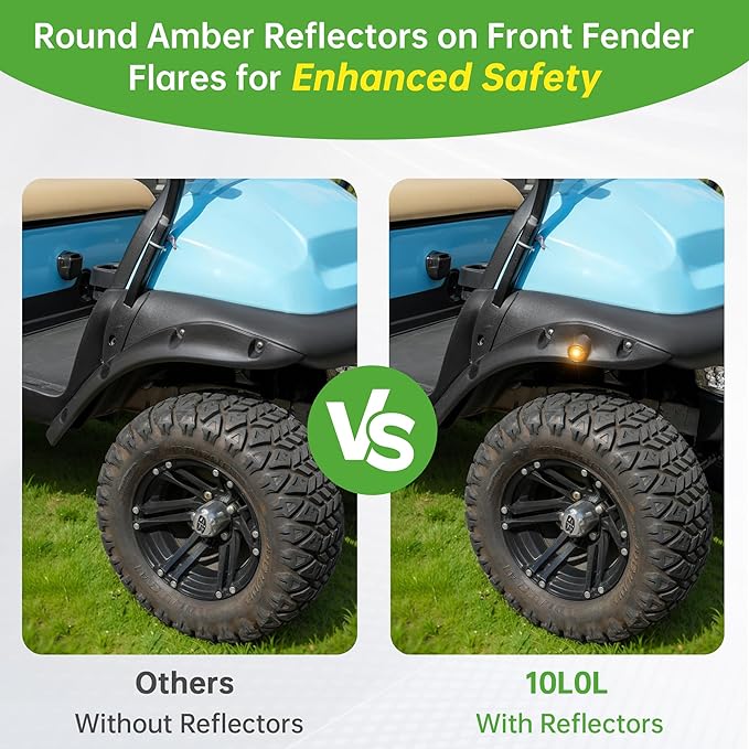 10L0L 4PCS Golf Cart Fender Flares for Yamaha G29, EZGO TXT/RXV, Club Car DS/Precedent - Heavy Duty ABS Plastic Mud Guards with Reflectors & Stainless Steel Hardware