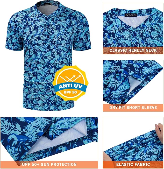 TAPULCO Mens Collarless Golf Shirts Short Sleeve Dry Fit Stretch Casual Breathable Lightweight Tshirts