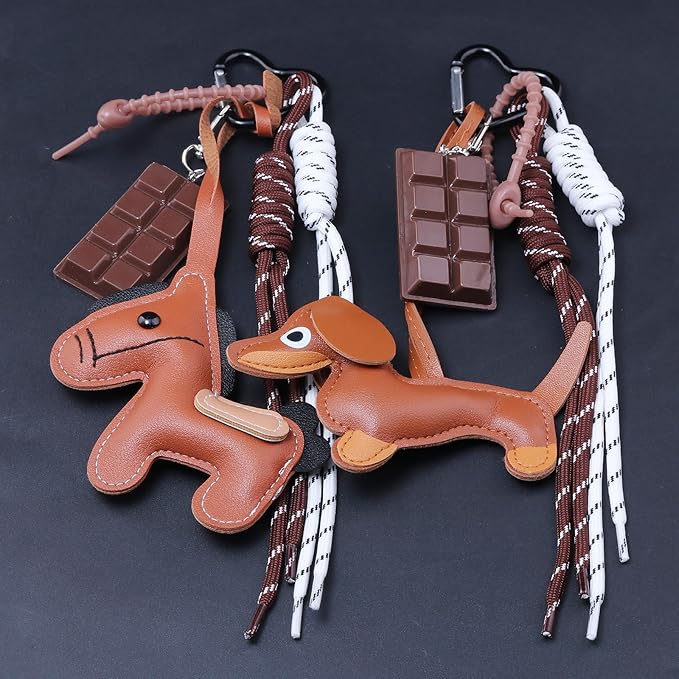 Unique Keychain Designer Rope Bag Charms for Handbag - Cute Teddy Bear Purse Charm - Leather Dachshund Accessory