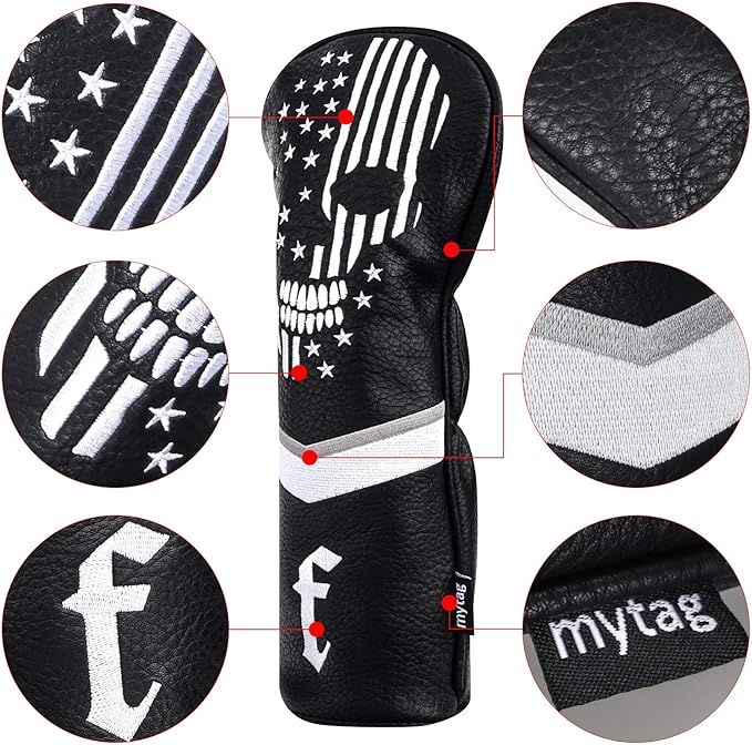 mytag Skull Skeleton Golf Head Covers Black Synthetic Leather Golf Headcovers Set Fits Driver Fairway Wood Hybrid/Utility Putter Iron Wedge Headcover