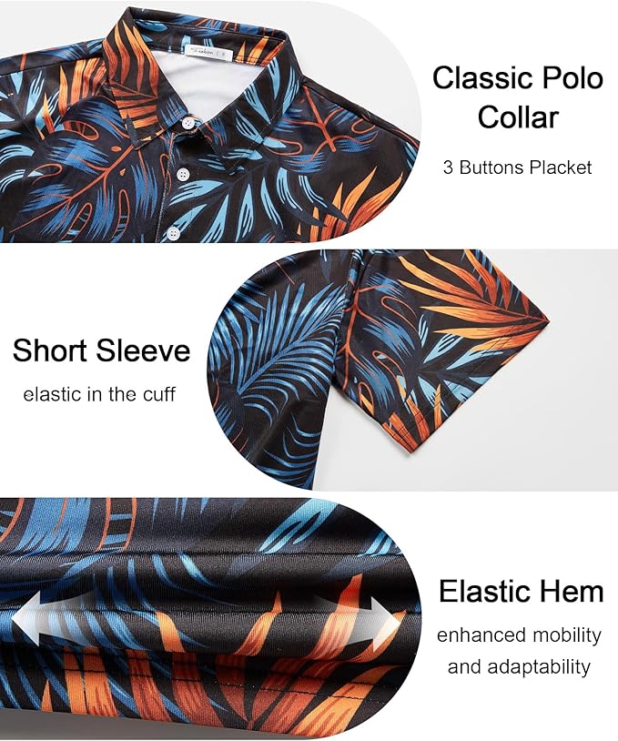 zeetoo Men's Polo Shirts Hawaiian Golf Polos Shirts Short Sleeve Performance Moisture Wicking Mens Golf Shirts