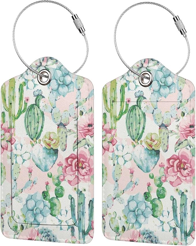 2 Pack Cactus Watercolor Luggage Tags for Suitcases, Cool Leather Luggage Tag for Travel, Bag Tag Privacy Name ID Card Bag Labels for Friends Adults Kids Tourists
