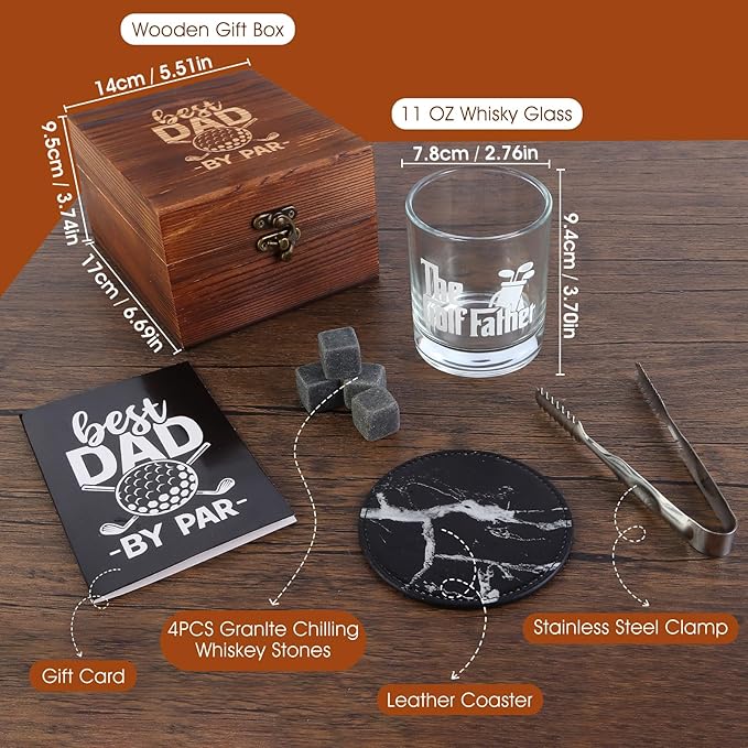 Whiskey Glass Gifts for Golf Dad, Best Gift for Men, Gift with 12oz Whiskey Glasses, Stones, Coaster, Wooden Box for Golf-Dad