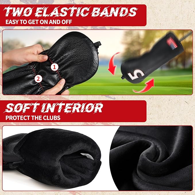Golf Head Covers, American Flag Patriotism Golf Club Cover for Woods and Driver, Fairway, Hybrid - Premium Leather Golf Club Head Covers with Interchangeable Tags