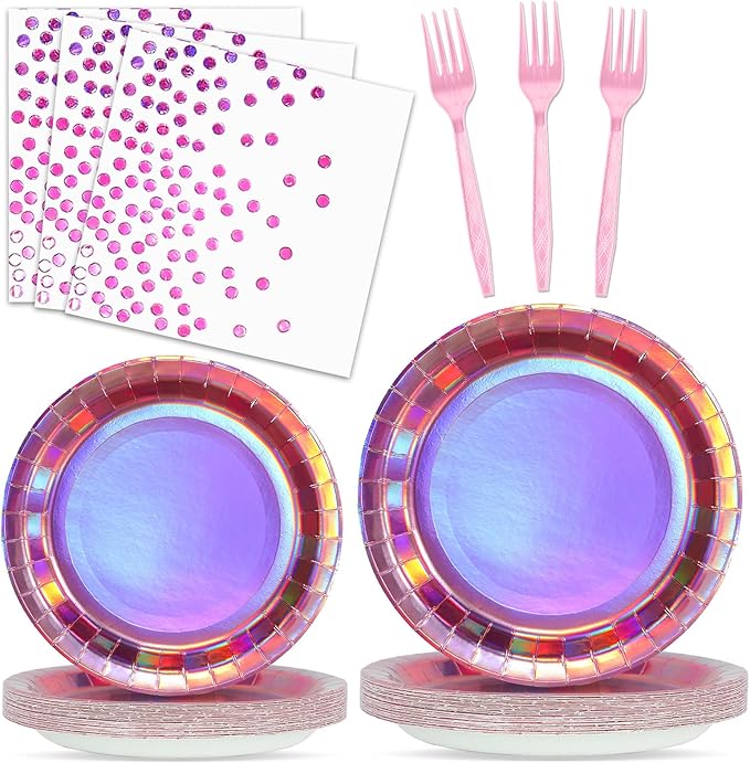 96Pcs Iridescent Pink Party Decorations Iridescent Theme Tableware Set Hot Pink Holographic Paper Plates Napkins Fork for Birthday Dinnerware Girls Women Mermaid Disco Shiny Laser Supplies 24 Guests