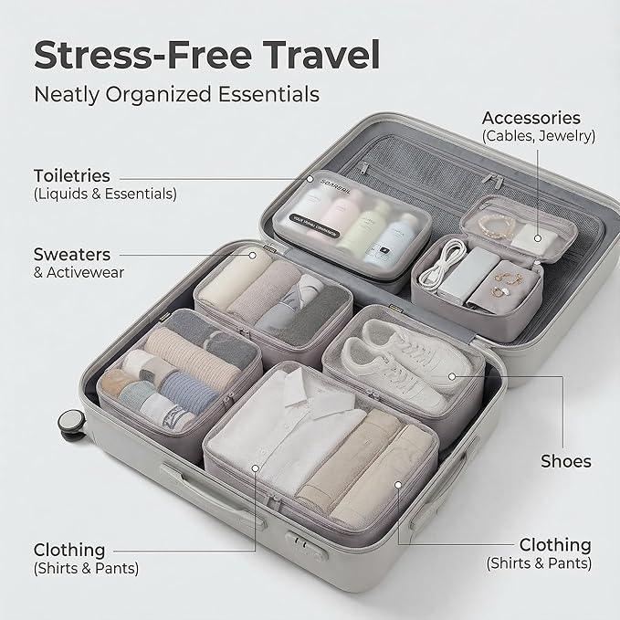 6 Set Compression Packing Cubes for Travel, Large Medium Small Luggage Organizers, Storage Bags for Clothes and Essentials (6 Pack, Misty Silver)