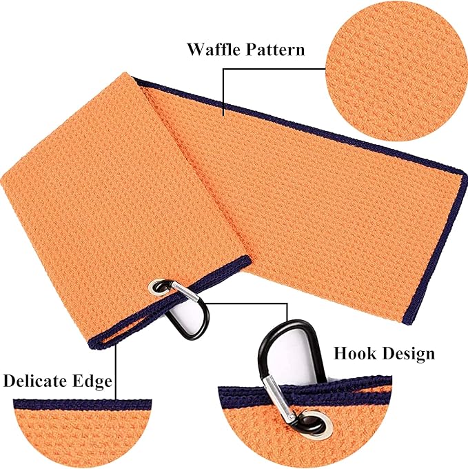 VIVIDLY 2 Pack Tri-fold Golf Towels, Premium Microfiber Fabric Waffle Pattern with Black Heavy Duty Carabiner Clip, Orange Golf Towels for Golf Bags for Men (Orange)