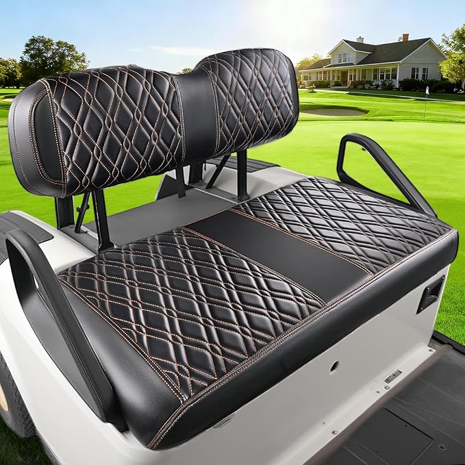 Drive-up Black Golf Cart PVC Seat Covers, EZGO TXT Leather Front Seat Covers with Brown Stitching, Diamond Cross Pattern, Adjustable Buckle