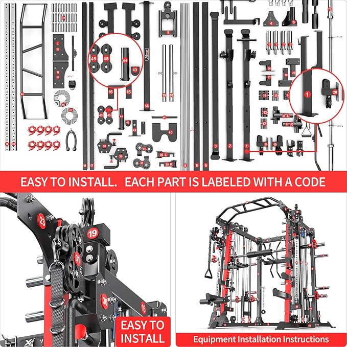 Smith Machine，Multi-Function Squat Rack Power Cage with Cable Crossover System,with Optional Weight Bench, Olympic Barbell Weight Set, for Home Gym