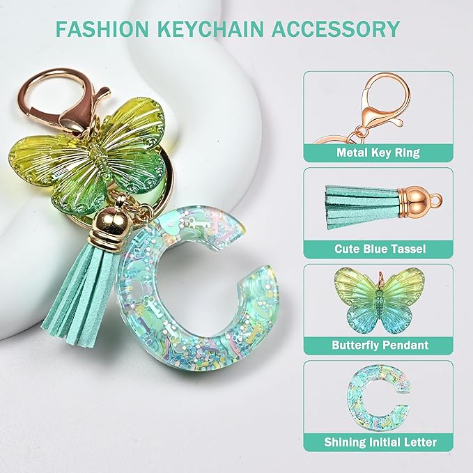 JINGUAZI Initial letter Keychains for Women Tassel Butterfly Pink Purple Cute Car Keychain for Wallet Backpack bag charm
