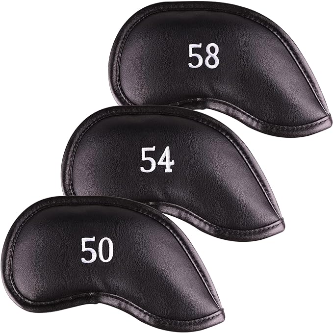 Premium Magnetic Leather Iron and Wedge Golf Club Head Covers | Set of 10 | Fits Most Clubs | Embroidered Club Label on Both Sides of Club Head Cover