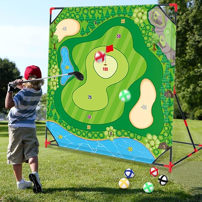 Golf Chipping Game with Stand, 54"x 54" Golf Battle Game Hitting Target Mat with 24 Balls, Perfect for Backyard Indoor Outdoor Family Games for Kids & Adults