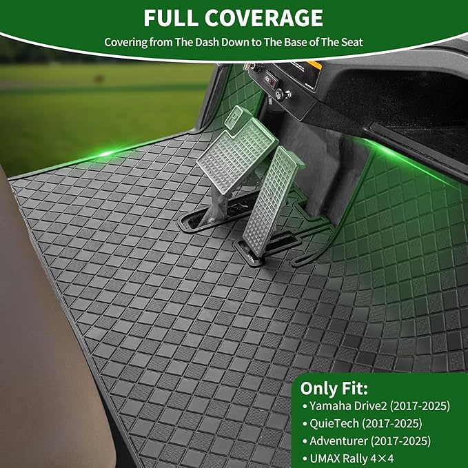 Golf Cart Floor Liner Mat 8mm Thick Rubber Full Coverage Fit for Yamaha Drive2 (2017-2025), QuieTech [2017-2025], Adventurer (2017-Up), UMAX Rally 4x4 Non-Slip Mats Replacement - Black Trim