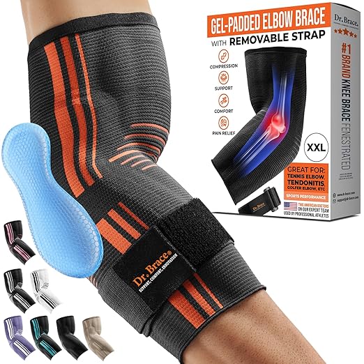 DR. BRACE® Elite Elbow Brace Support, Breathable Elbow Compression Sleeve with Gel Pad for Golfer's, Tennis Elbow & Tendonitis Treatment & Pain Relief 2024 (Grey-Orange, XX-Large)