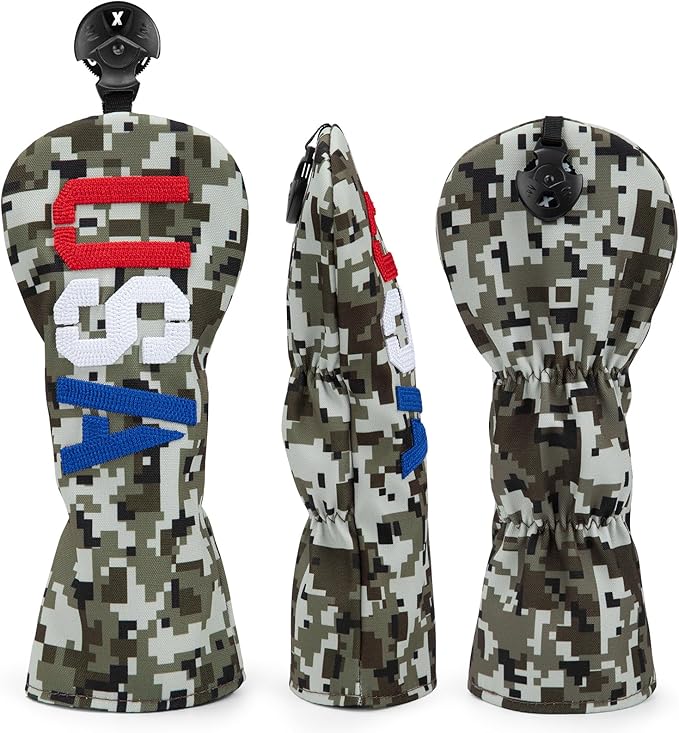 Golf Club Head Covers, Camouflage USA Design Golf Driver Covers, Fairway Wood and Hybrid Head Covers with Interchangeable Tags, Durable Canvas Material Golf Club Covers