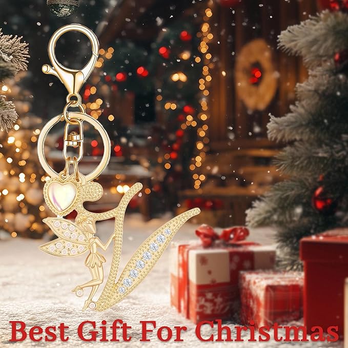 Gold Plated Alphabet Initial Letter Keyring Keychain for Women Girls Crystal Key Chains for Wallet Backpack Bag Charm
