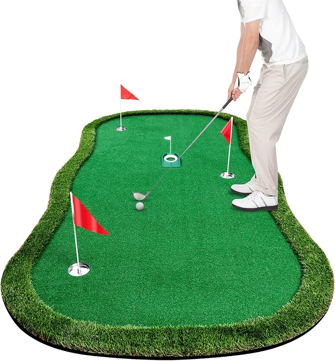 Golf Putting Green Indoor Outdoor Putting matt Professional Training Mat Practice Putting Mat with 3 Flags 1 Movable Cup 2 Slope Pad 5x10ft