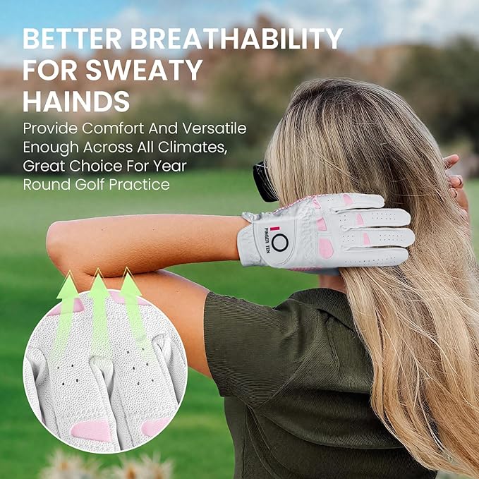 FINGER TEN Non Slip Golf Gloves Women 2 Pack for Left Right Handed Golfers, All Weather Grip & Comfortable Glove for Serious Performance, Fit Size Medium Small Large