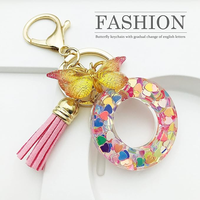 JINGUAZI Initial letter Keychains for Women Tassel Butterfly Pink Purple Cute Car Keychain for Wallet Backpack bag charm