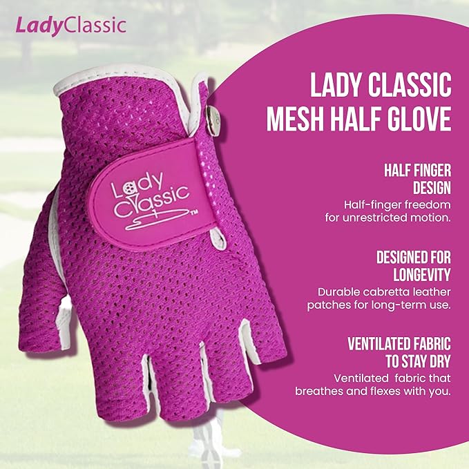 Mesh Half Golf Glove for Women – Premium Cabretta Leather Palm, Breathable Mesh Back, Half-Finger Design Ladies Golf Glove for Enhanced Grip & Comfort