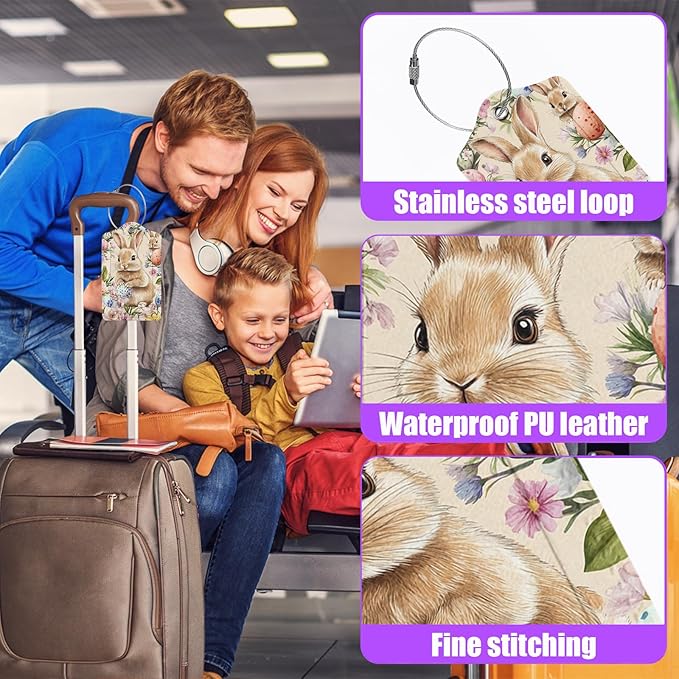 3 Pack Easter Bunny Eggs Luggage Tags for Suitcase Flowers PU Leather Travel Luggage Tag Privacy Cover ID Label for Women Men Baggage Backpack Handbag School Bag