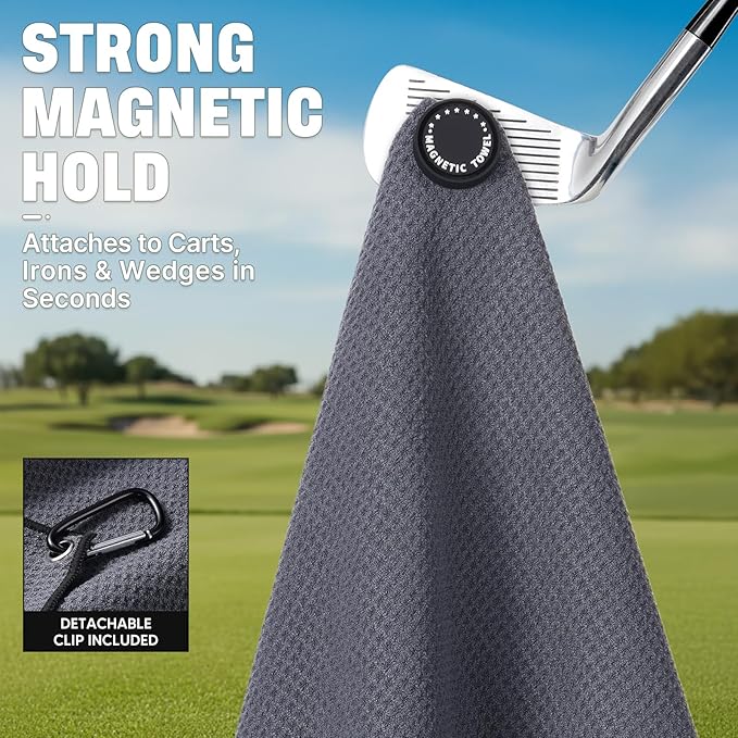 She's Pink Magnetic Golf Towel with Clip, 16"x16" Microfiber Waffle Weave, Quick-Dry Lint-Free Club & Ball Cleaning Cloth, Strong Magnet for Cart/Clubs, Grey, 1 Pack