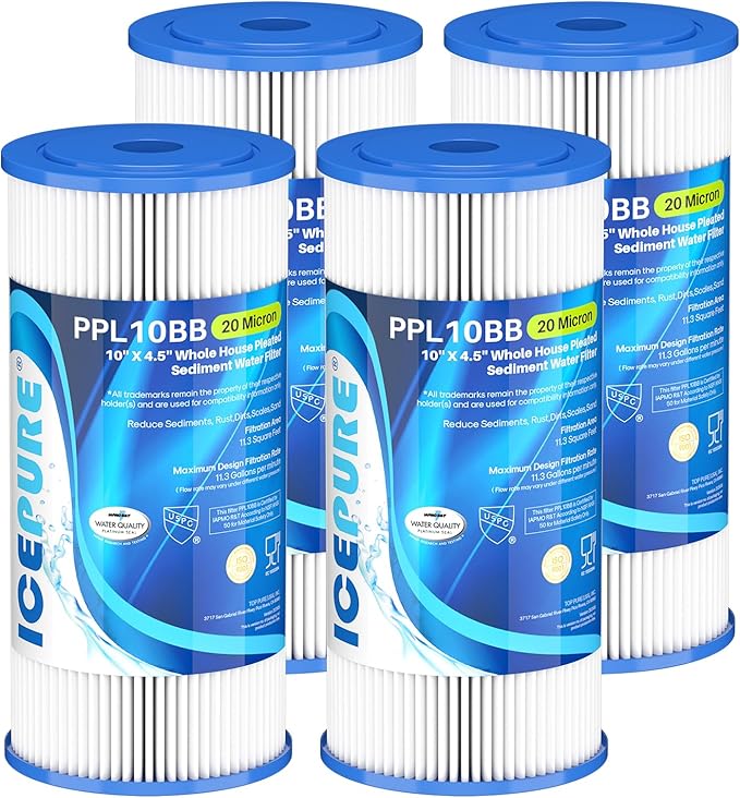 ICEPURE 20 Micron 10" x 4.5" Whole House Extra Coarse Pleated Sediment Filter for Well Water, Replacement Cartridge for GE FXHSC, DuPont WFHDC3001, R50-BB, Culligan R50-BBSA, W50PEHD, 4Pack