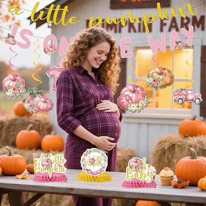 Pumpkin Baby Shower Decorations - 13PCS a Little Pumpkin Is on the Way Baby Shower Banners Hanging Swirls Honeycomb Centerpieces Pink Fall Gender Reveal Party Decorations Decor Supplies