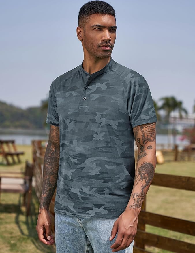 TAPULCO Mens Collarless Golf Shirts Short Sleeve Dry Fit Stretch Casual Breathable Lightweight Tshirts