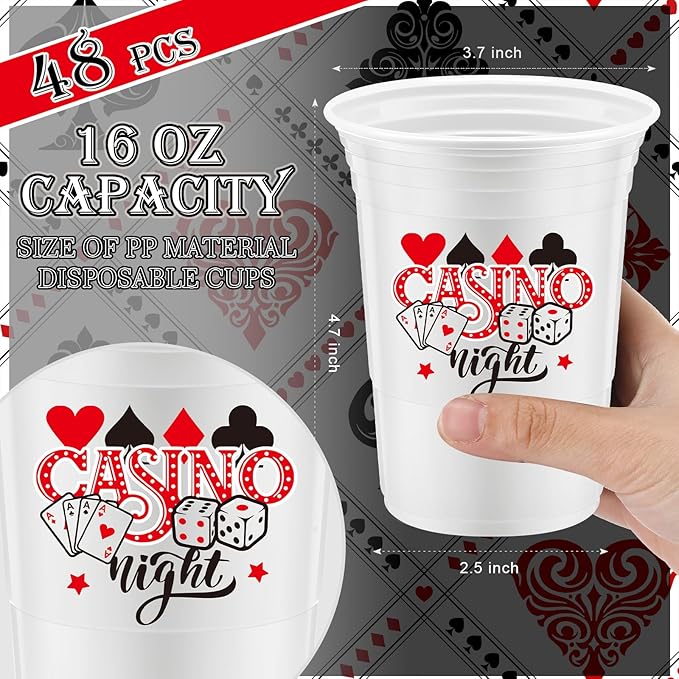 Norme 48 Pcs Casino Night Party Supplies Bulk 16 oz Casino Night Party Thick Plastic Disposable Cup Hot Cold Drink Wine Coffee for Home Casino Night Themed Holiday Party Supplies Favors