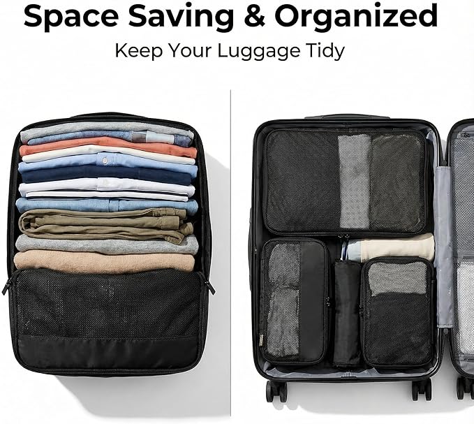4 Piece Compression Packing Cubes for Suitcases and Backpack, Lightweight Travel Organizer Bags (Jet Black)