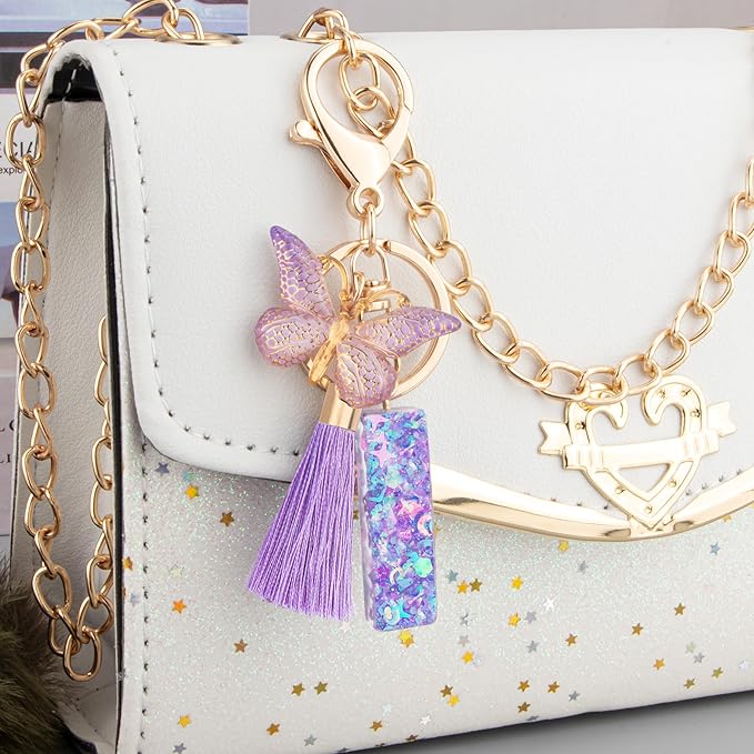 Suweibuke Colourful Cute Initial Letter Keychains for Women Girls with Tassel Butterfly, Charm for Purse Handbags Backpacks