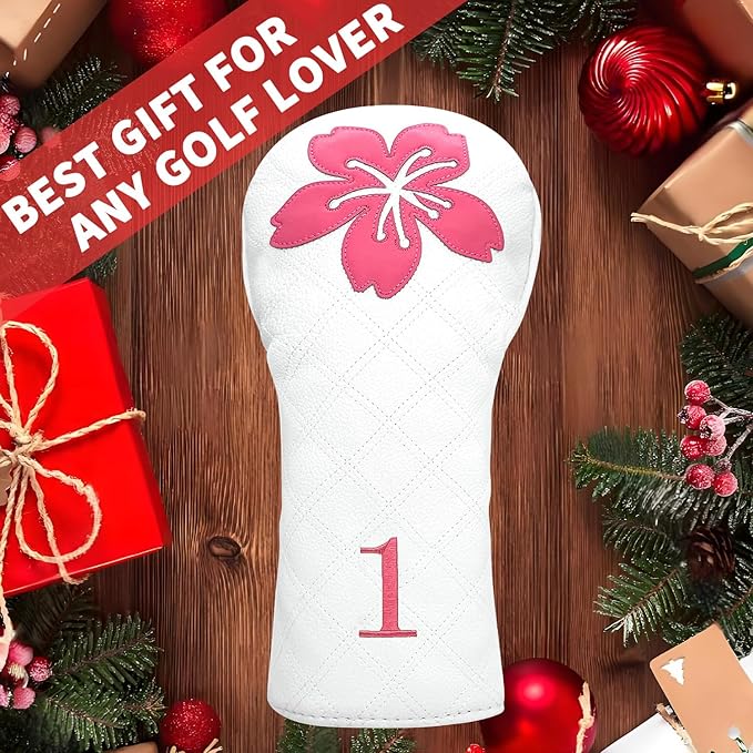 Grid Cherry Blossom Design Golf Covers PU Headcovers Set Fits Driver Fairway Wood Hybrid Utility Woods Iron Wedge Headcover, Premium Leather Golf Headcovers