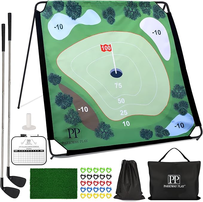 Sticky Golf Chipping Game Set - 6x6 ft Metal Frame Option with Adjustable Clubs, 25 Sticky Balls, Turf Chipping Mat & Scoreboard - Backyard Golf Target Game for All Ages for Indoor/Outdoor Practice