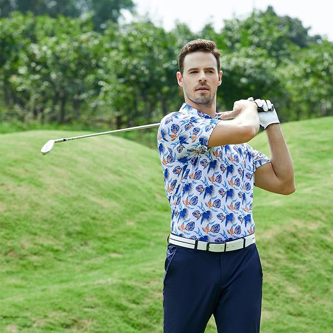 Esabel.C Golf Shirts for Men Dry Fit Performance Short Sleeve Print Moisture Wicking Collared Shirt